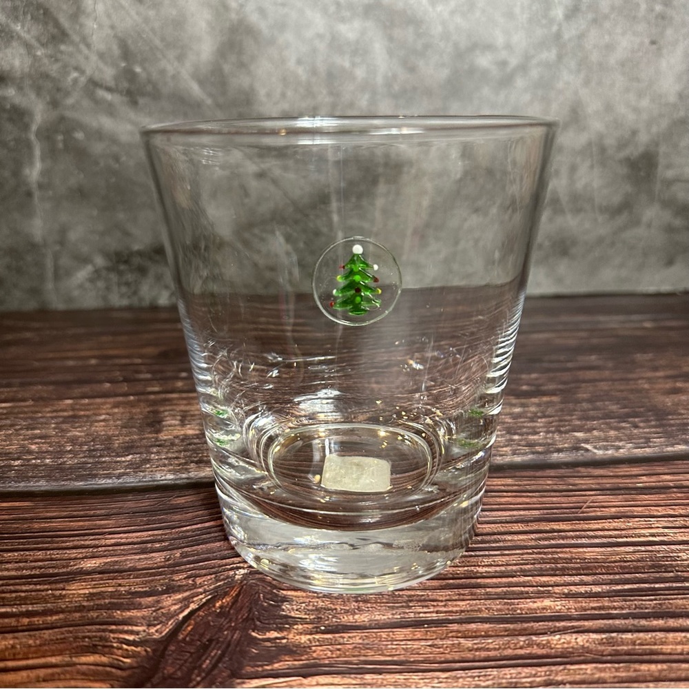 Crate & Barrel Christmas Tree Hand Blown Double Old-Fashioned Glass